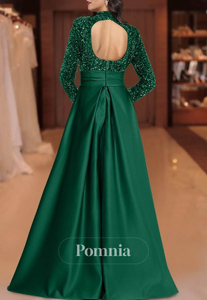 Long Sleeves Scoop Sequins Slit Satin Evening Dress