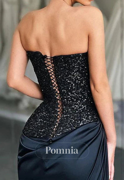 Unique Black Special Strapless High Split Lace-Up Sequined Prom Dress