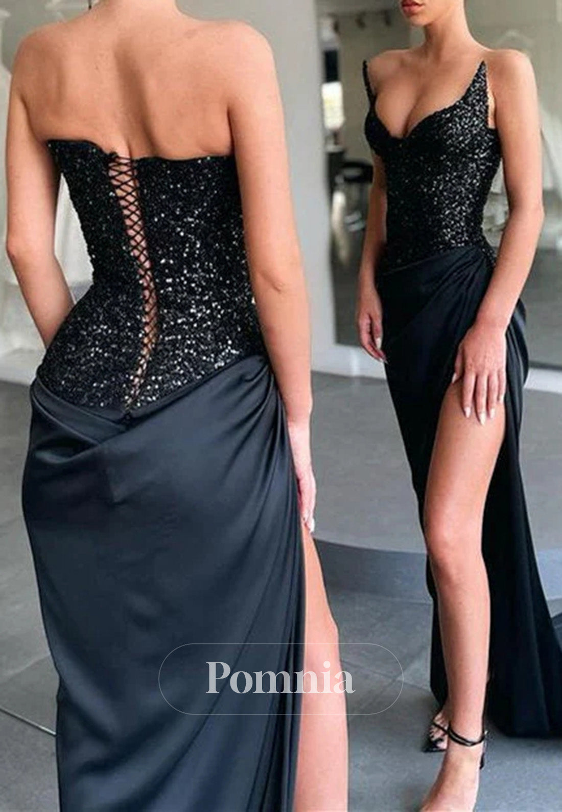 Unique Black Special Strapless High Split Lace-Up Sequined Prom Dress
