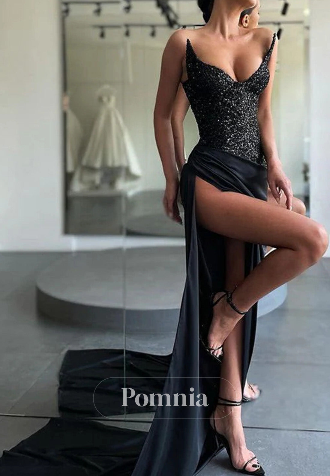 Unique Black Special Strapless High Split Lace-Up Sequined Prom Dress