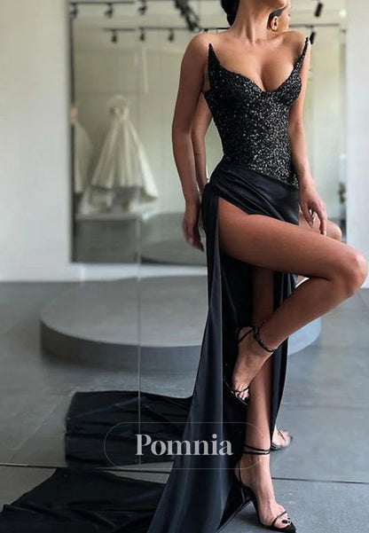 Unique Black Special Strapless High Split Lace-Up Sequined Prom Dress