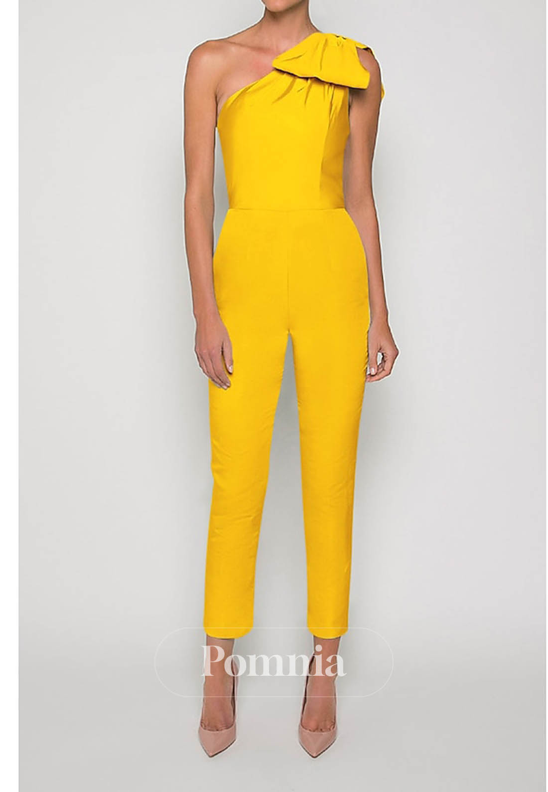 Simple One Shoulder Sleeveless Jumpsuit Satin Evening Dress