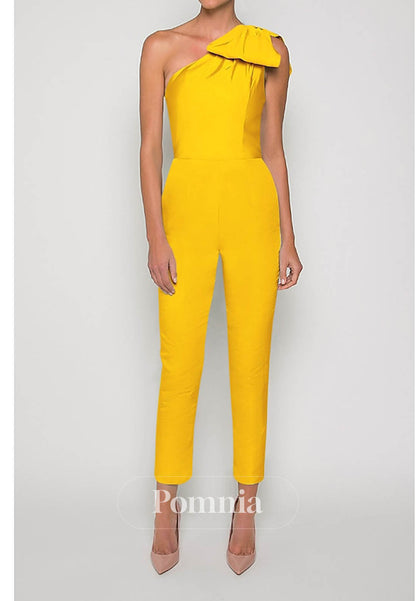Simple One Shoulder Sleeveless Jumpsuit Satin Evening Dress