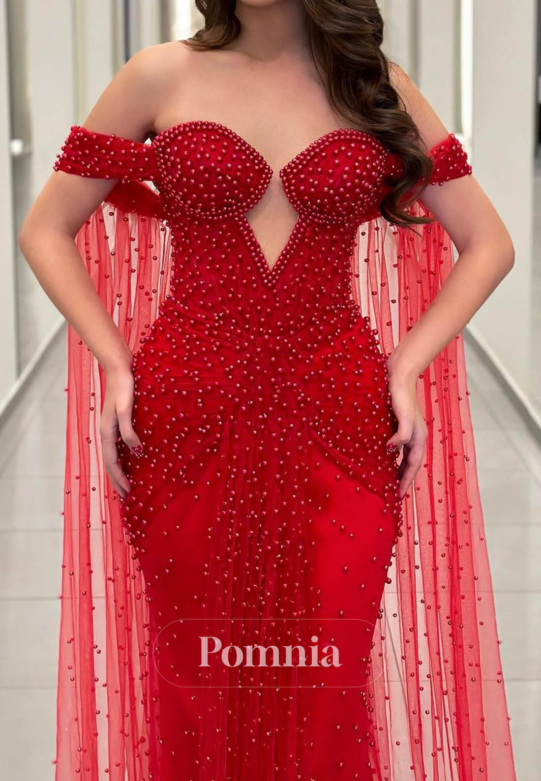 Red Sweetheart Sleeveless Pearls Ruched Lace Prom Dress