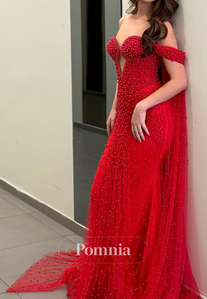 Red Sweetheart Sleeveless Pearls Ruched Lace Prom Dress