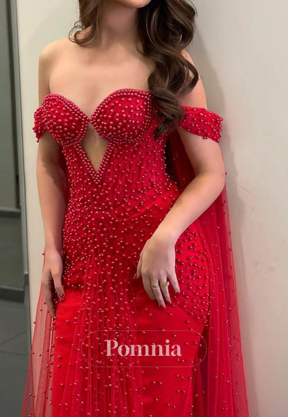 Red Sweetheart Sleeveless Pearls Ruched Lace Prom Dress