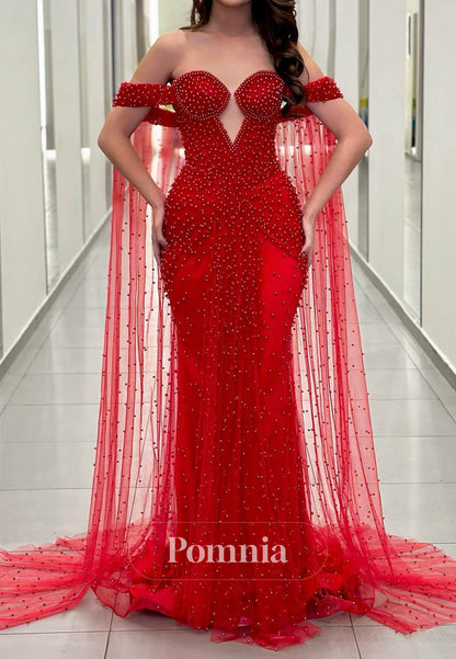 Red Sweetheart Sleeveless Pearls Ruched Lace Prom Dress