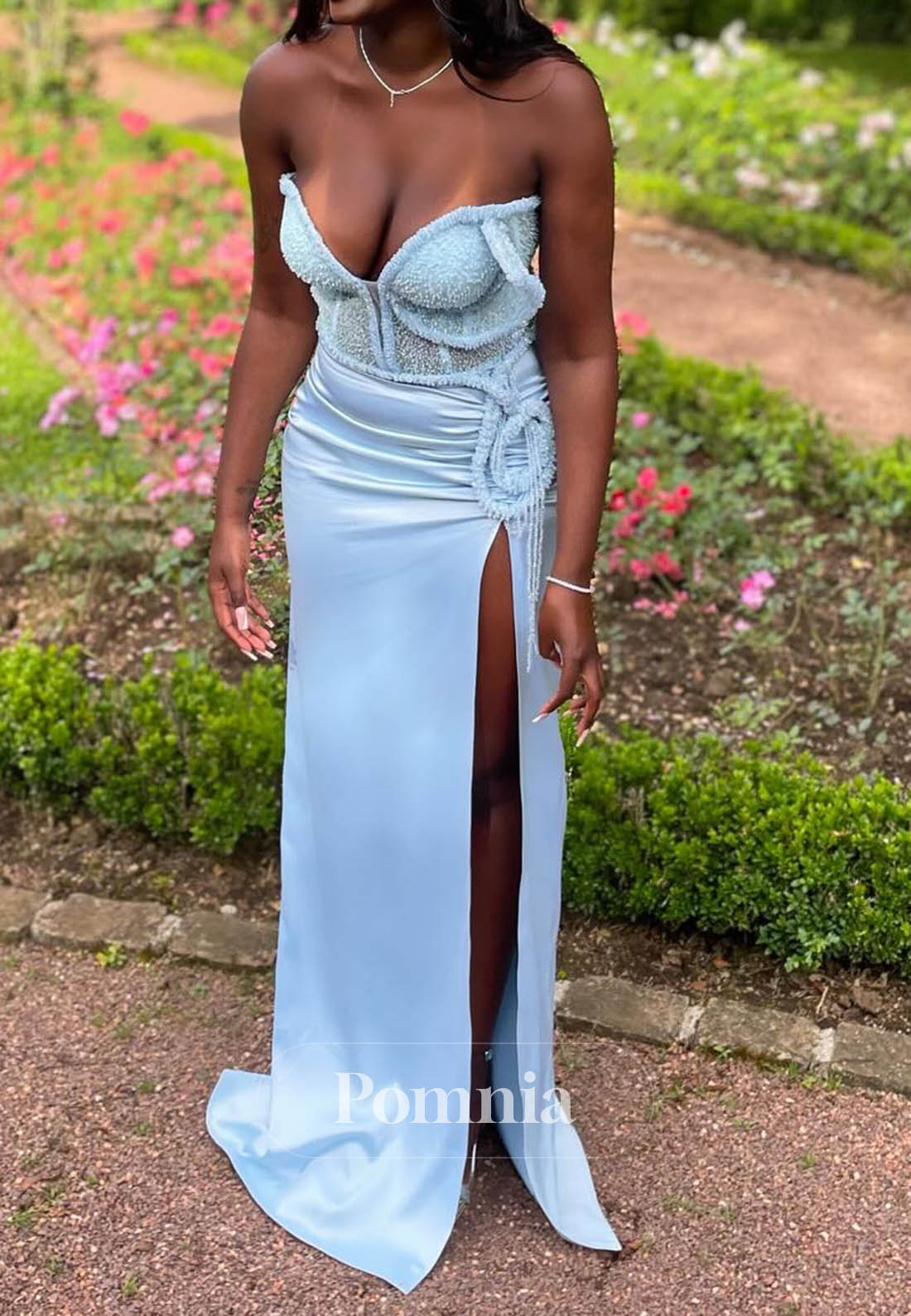 Sky Blue Sleeveless Strapless Slit Ruched Prom Dress