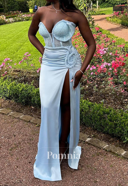 Sky Blue Sleeveless Strapless Slit Ruched Prom Dress