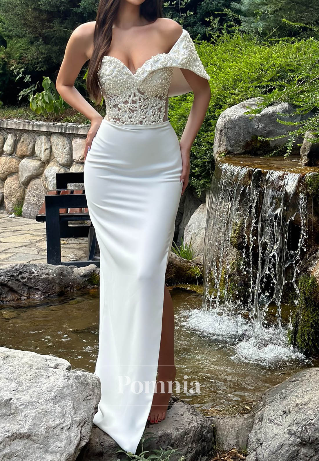 White One Shoulder Corset Tulle Slit Ruched Prom Dress