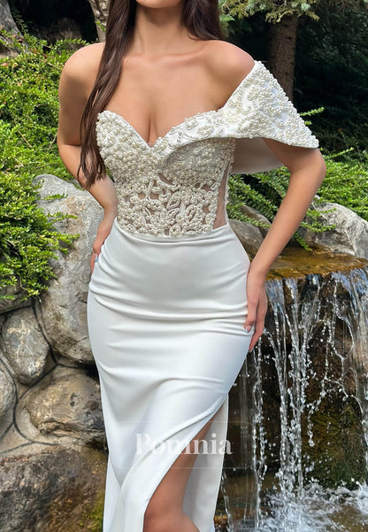 White One Shoulder Corset Tulle Slit Ruched Prom Dress