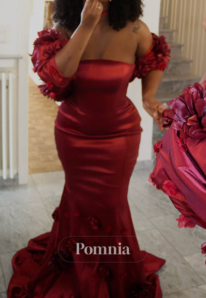 Burgundy Sleeveless Strapless Appliques Prom Dress