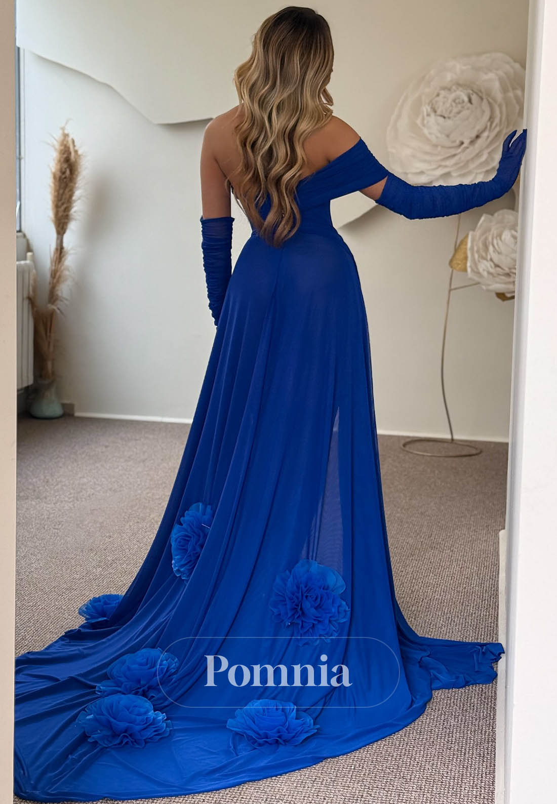 Royal Blue Off-Shoulder Slit Ruched Sequins Evening Dress