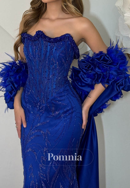 Royal Blue Sleeveless Strapless Sequins Prom Dress
