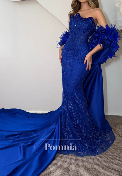 Royal Blue Sleeveless Strapless Sequins Prom Dress