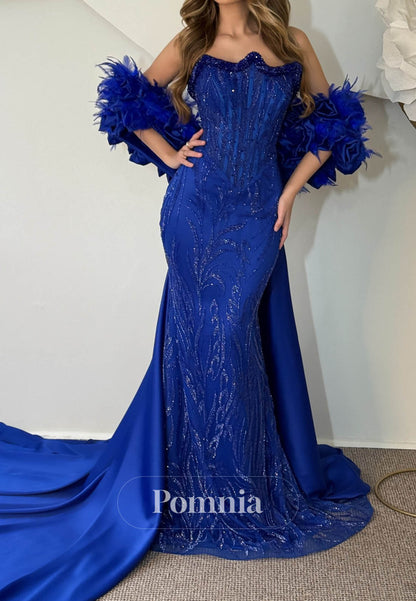 Royal Blue Sleeveless Strapless Sequins Prom Dress