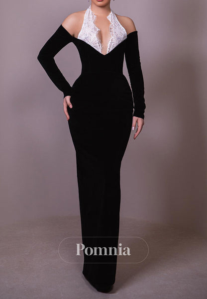 Halter Long Sleeves Corset Sheath Evening Dress