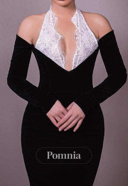Halter Long Sleeves Corset Sheath Evening Dress