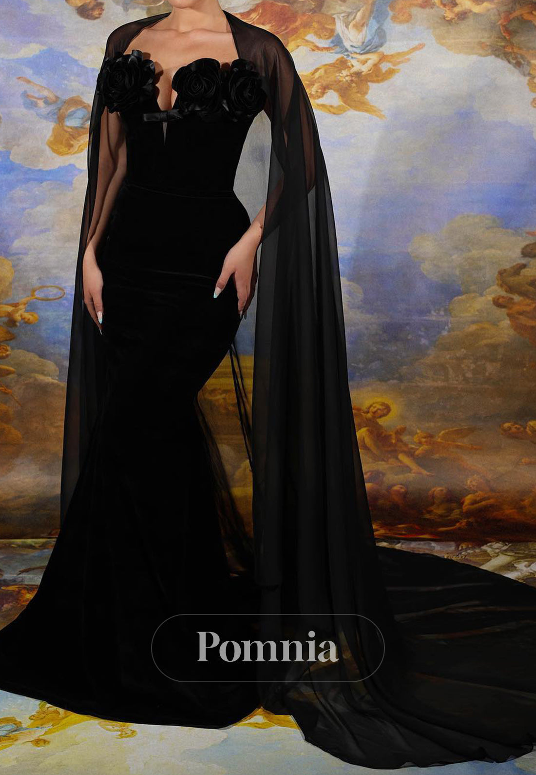 Black Cap Sleeves Sweetheart Floor-Length Evening Dress