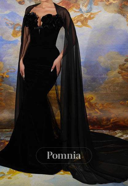 Black Cap Sleeves Sweetheart Floor-Length Evening Dress