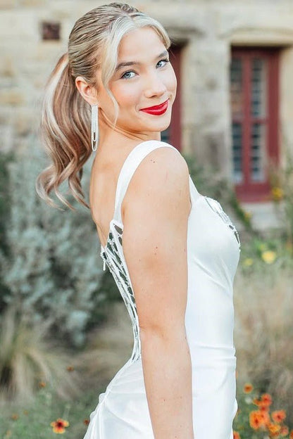 White One Shoulder Square Neck Mirror-Cut Sequins Prom Dress With Slit