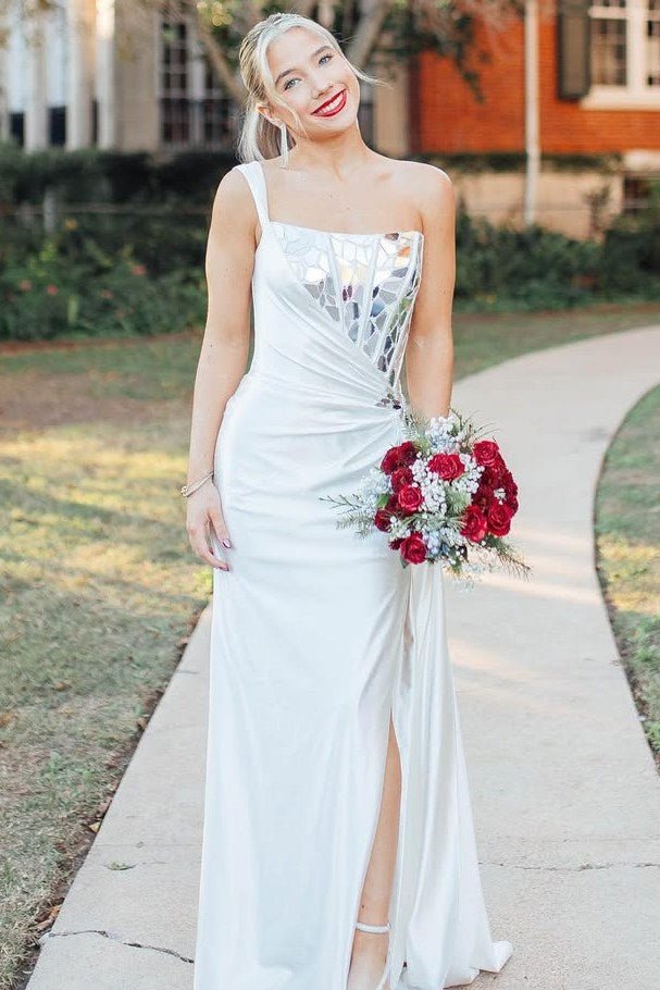 White One Shoulder Square Neck Mirror-Cut Sequins Prom Dress With Slit