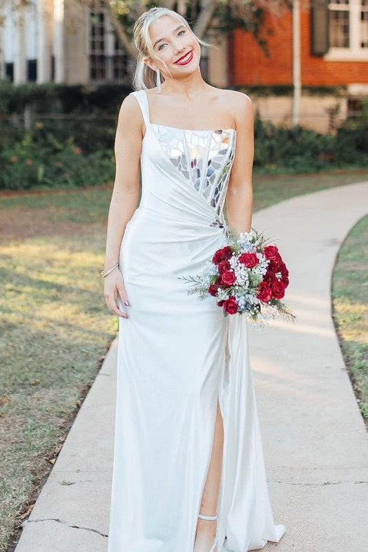 White One Shoulder Square Neck Mirror-Cut Sequins Prom Dress With Slit
