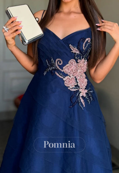 Dark Navy A-Line Spaghetti Straps V-Neck Floral Appliques Mother of the Bride Dress