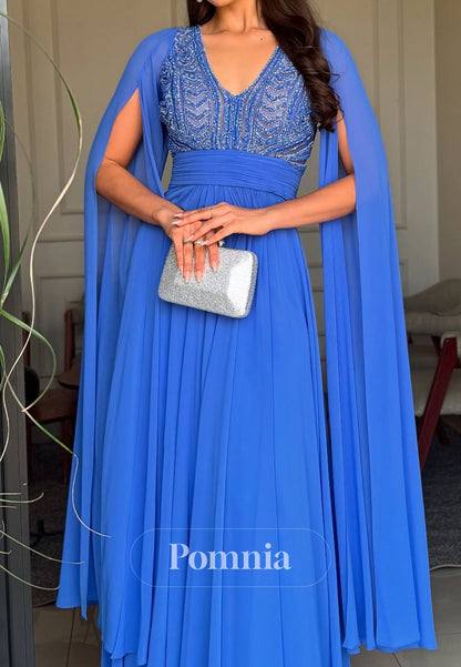 Blue Jay A-Line V-Neck Long Sleeves Appliques Mother of the Bride Dress