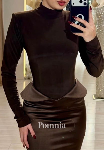 Cabernet Long Sleeves Ruched Sheath Evening Dress