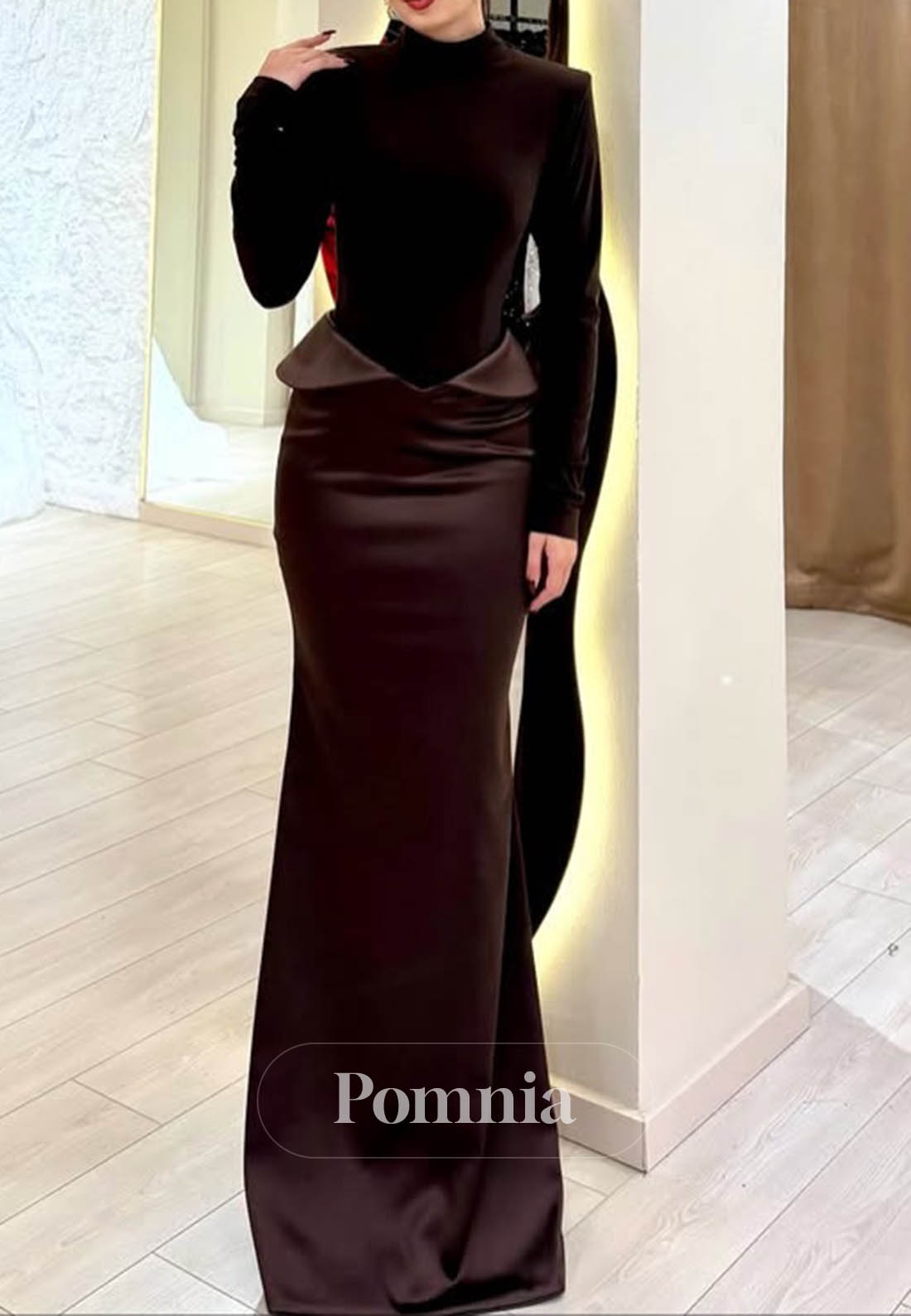 Cabernet Long Sleeves Ruched Sheath Evening Dress