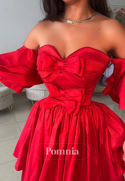 Red Short Sleeves Sweetheart Ruffles A-Line Prom Dress