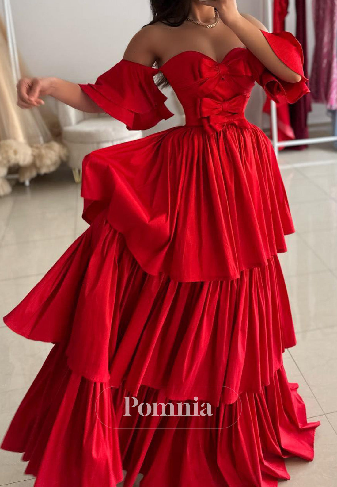 Red Short Sleeves Sweetheart Ruffles A-Line Prom Dress