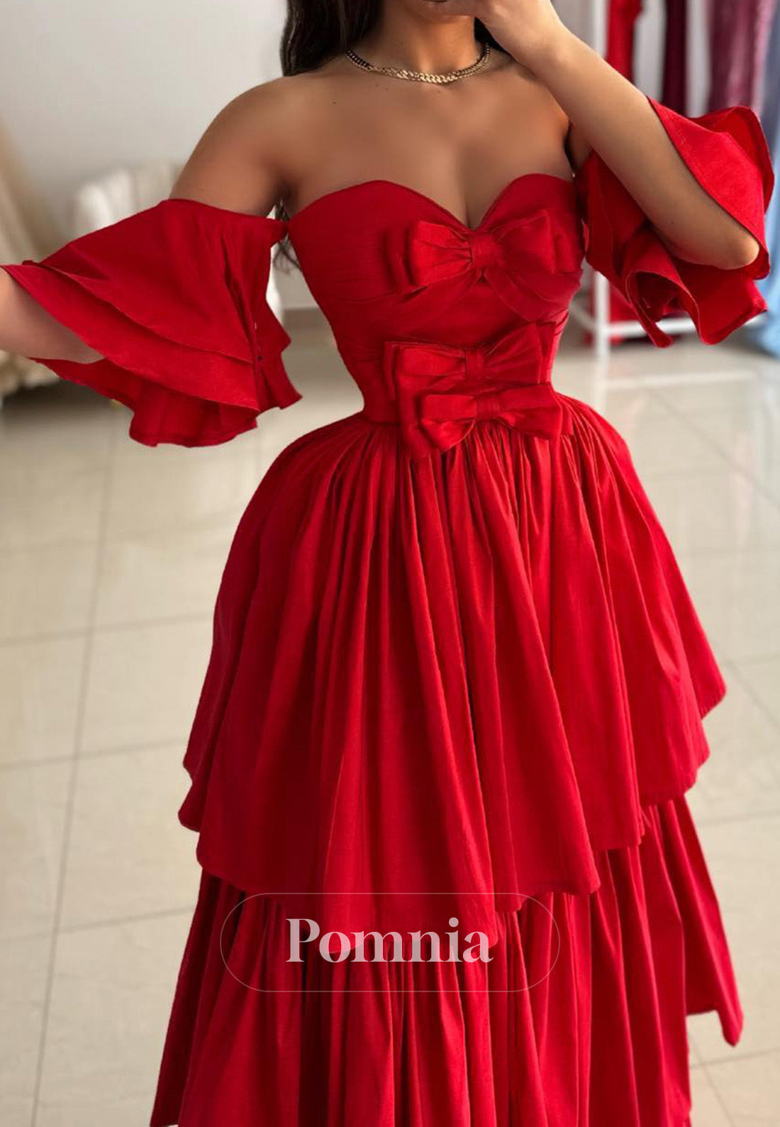 Red Short Sleeves Sweetheart Ruffles A-Line Prom Dress