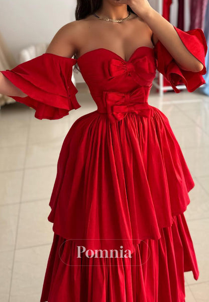 Red Short Sleeves Sweetheart Ruffles A-Line Prom Dress