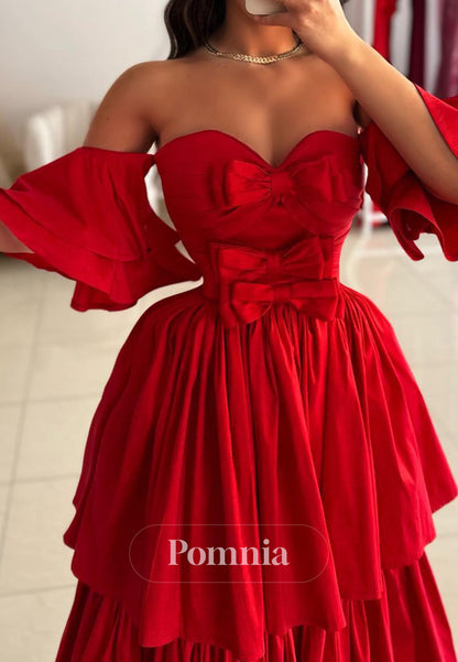 Red Short Sleeves Sweetheart Ruffles A-Line Prom Dress