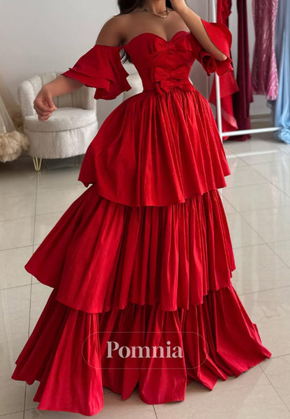 Red Short Sleeves Sweetheart Ruffles A-Line Prom Dress