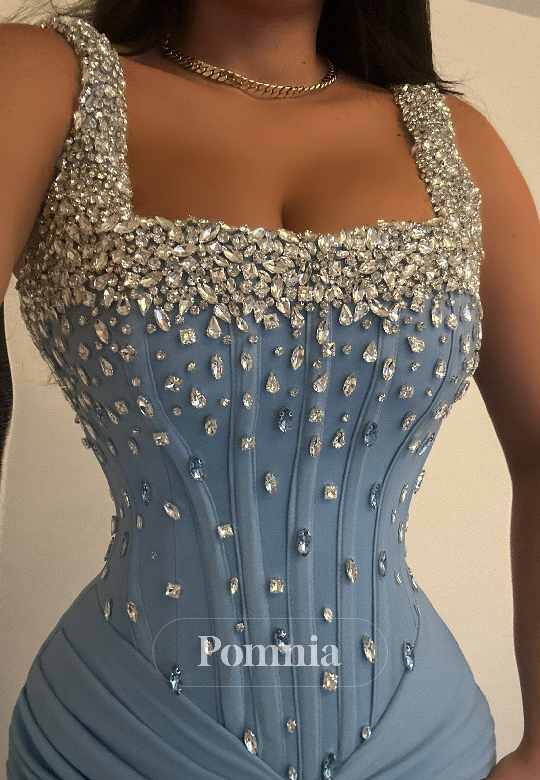 Sky Blue Spaghetti Straps Square Sequins Sheath Evening Dress