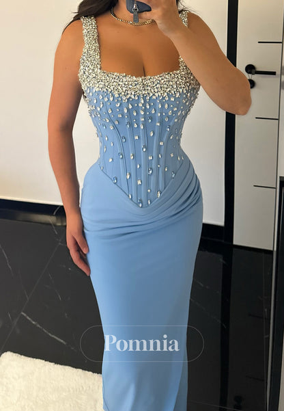 Sky Blue Spaghetti Straps Square Sequins Sheath Evening Dress