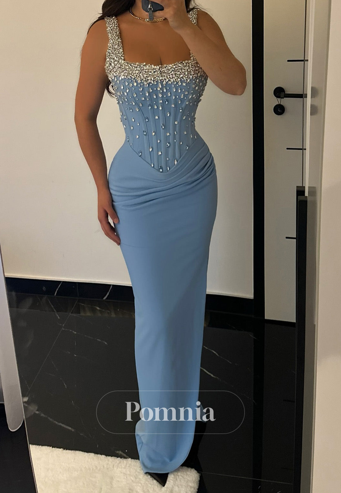 Sky Blue Spaghetti Straps Square Sequins Sheath Evening Dress