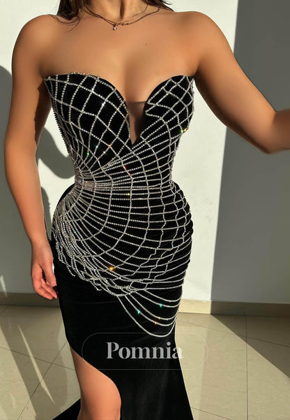 Black Sleeveless Strapless Beads Slit Satin Prom Dress