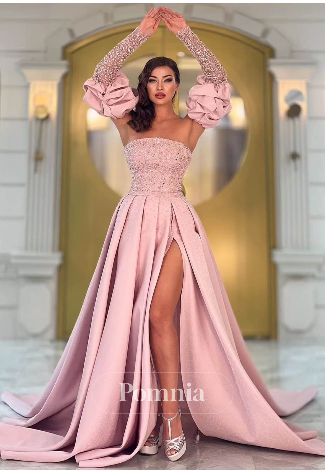 Blushing Pink Long Sleeves Slit Sequins Prom Dress.