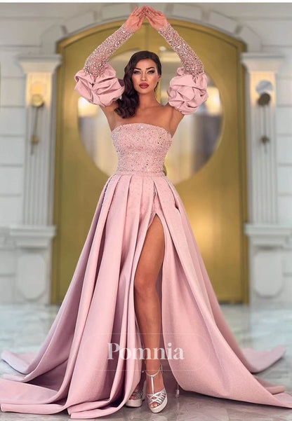 Blushing Pink Long Sleeves Slit Sequins Prom Dress.