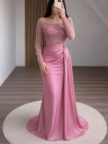 Pink Sequins Sparkle Off the Shoulder Lace Long Sleeve Mermaid Floor-Length Evening Dress