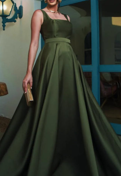 A-Line Square Spaghetti Straps Empire-Waist Sweep Train Long Mother of Bride Dress Formal Evening Gown