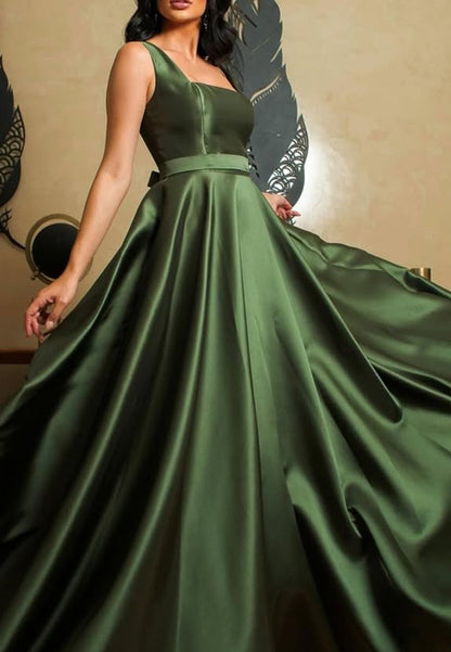 A-Line Square Spaghetti Straps Empire-Waist Sweep Train Long Mother of Bride Dress Formal Evening Gown