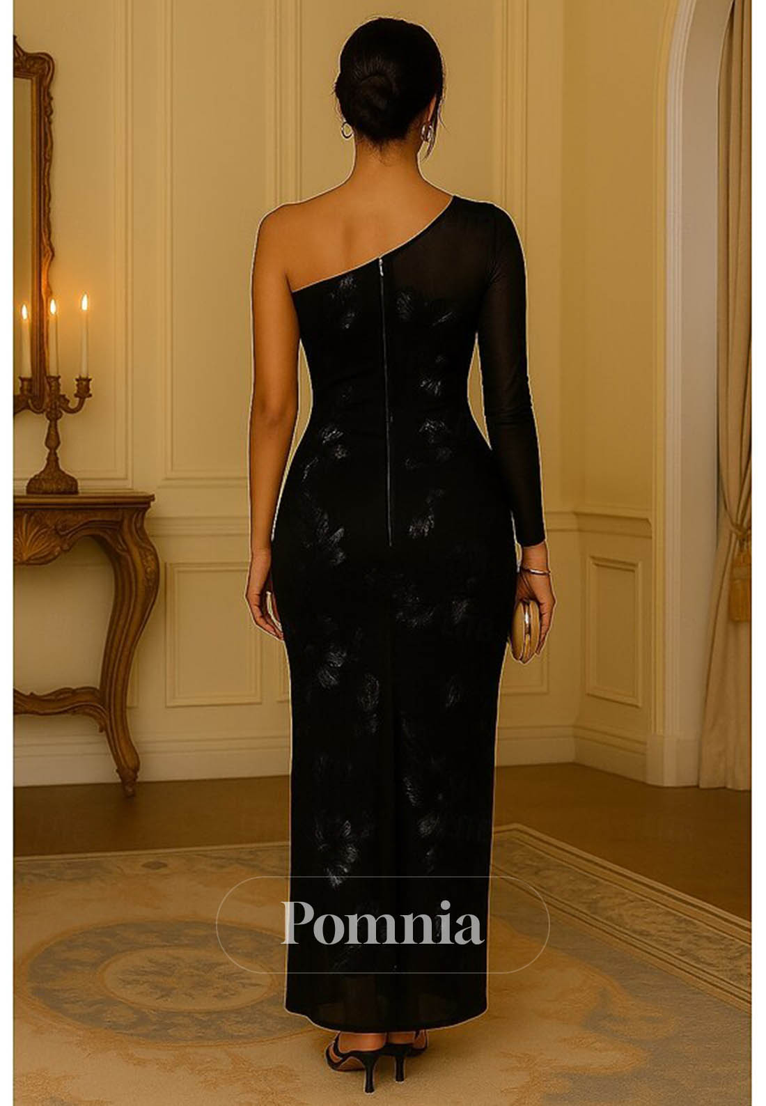 Black Long Sleeves Appliques Satin Evening Dress