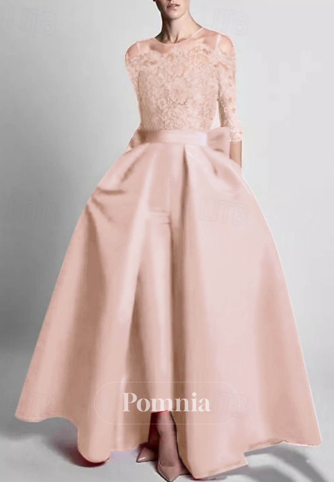 Long Sleeves Scoop Floral Appliques Jumpsuit Bowknot Evening Dress