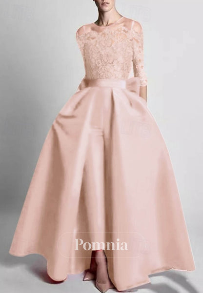 Long Sleeves Scoop Floral Appliques Jumpsuit Bowknot Evening Dress