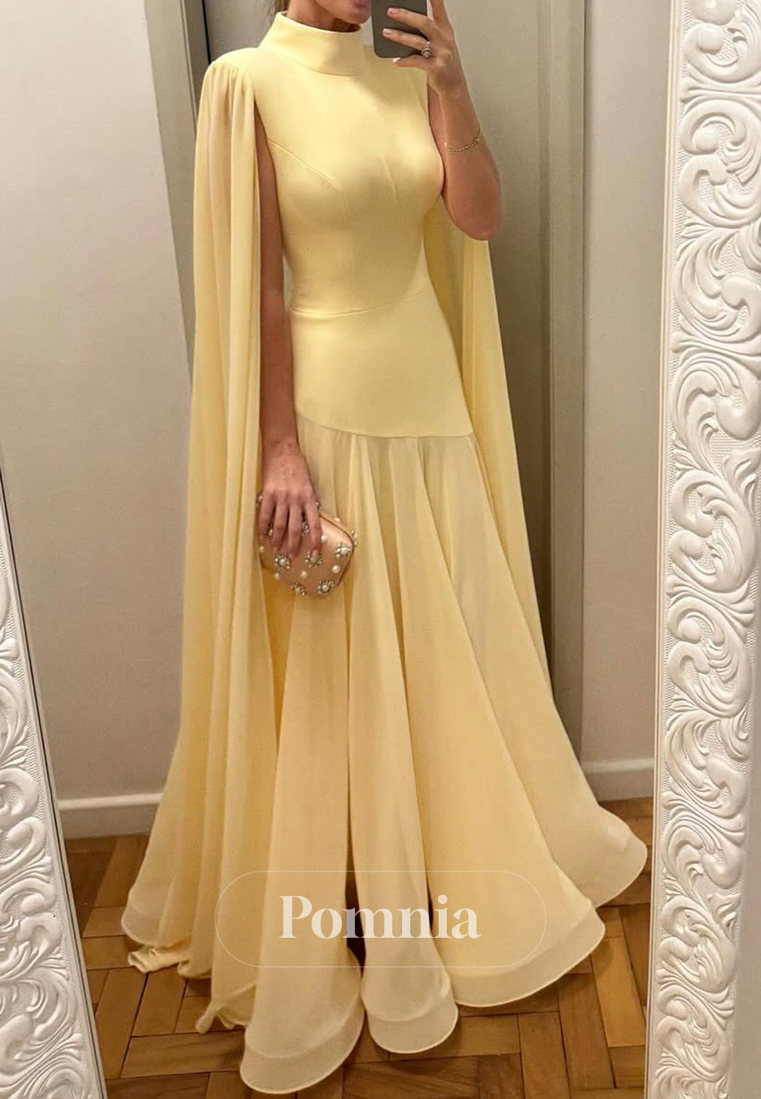 Daffodil Cape High Neck Ruched Corset Evening Dress